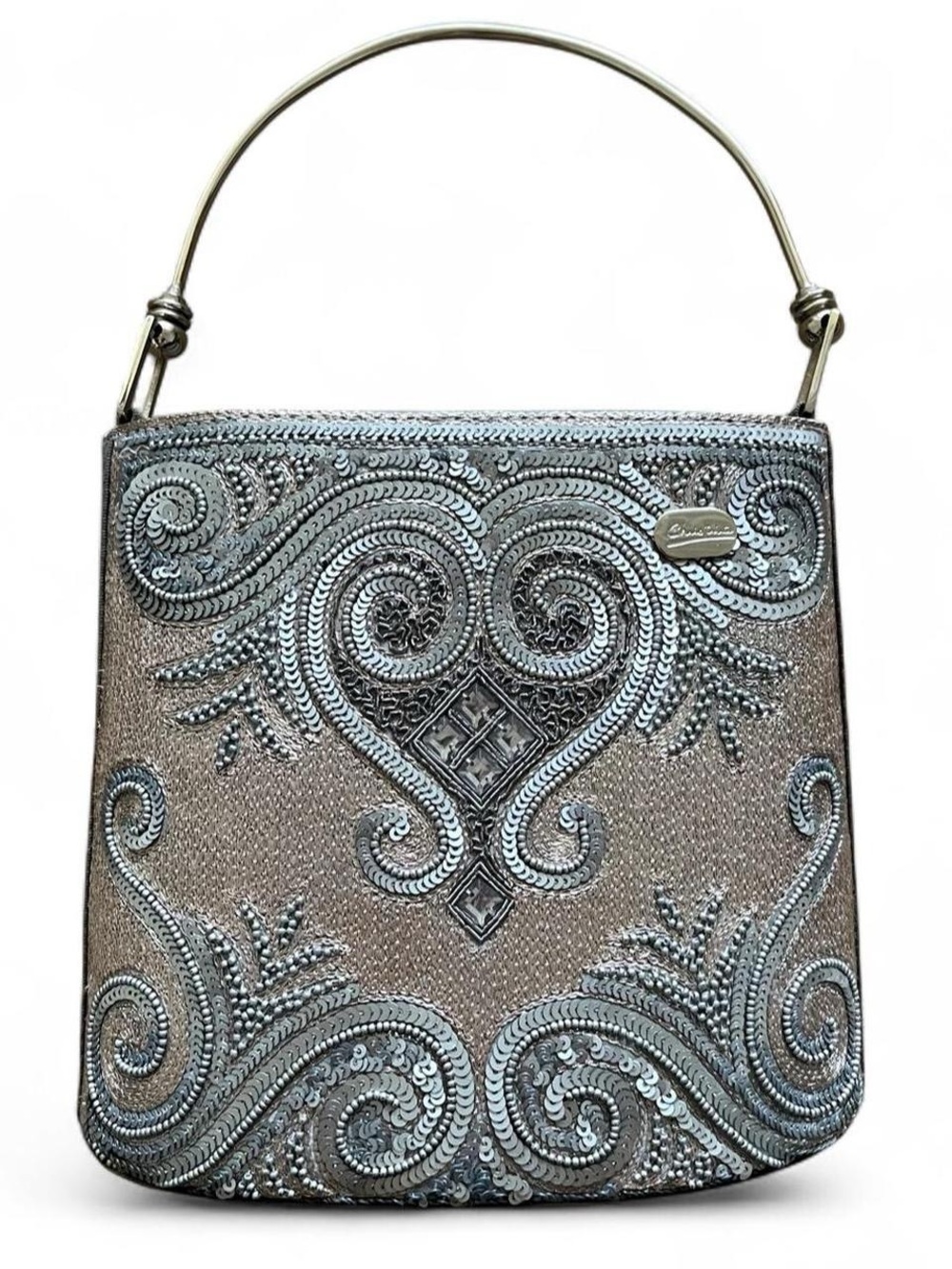 Elegant Vintage Christina Embellished Silver Evening Top-Handle Bucket Mini Bag